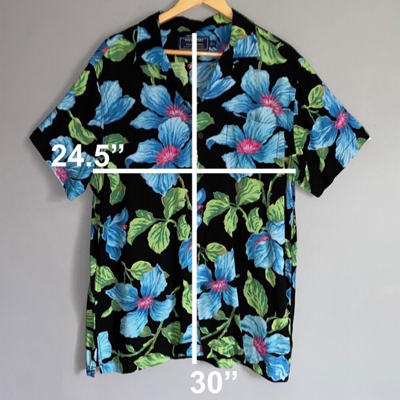 Men's Large POLO SPORT Black Blue Hibiscus Hawaiian Shirt - Picture 8 of 8